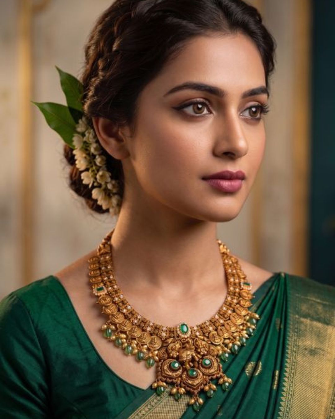 Gallery Woman wearing traditional antique gold temple jewellery necklace with emerald stones and green silk saree by Jeevaji Gold