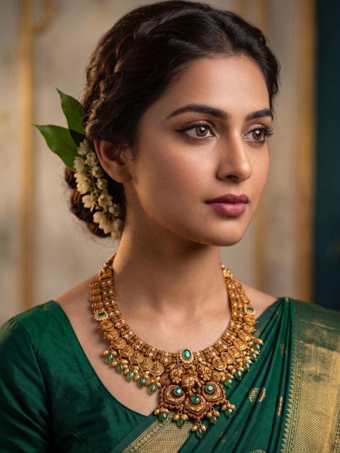 South Indian bride wearing antique gold temple jewellery with emeralds and pearls