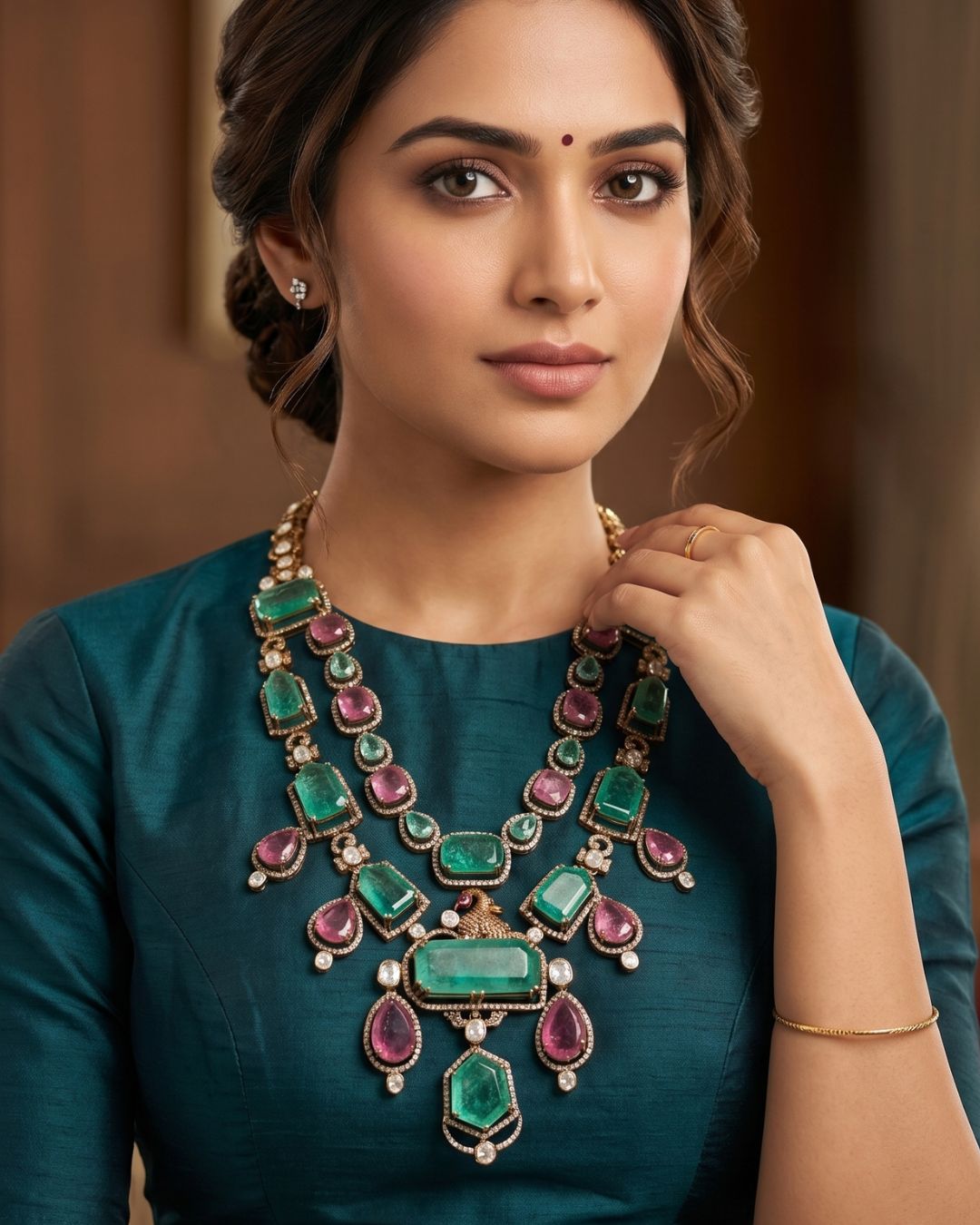 Gallery Traditional South Indian gold necklace with colorful stones and heritage jewellery design