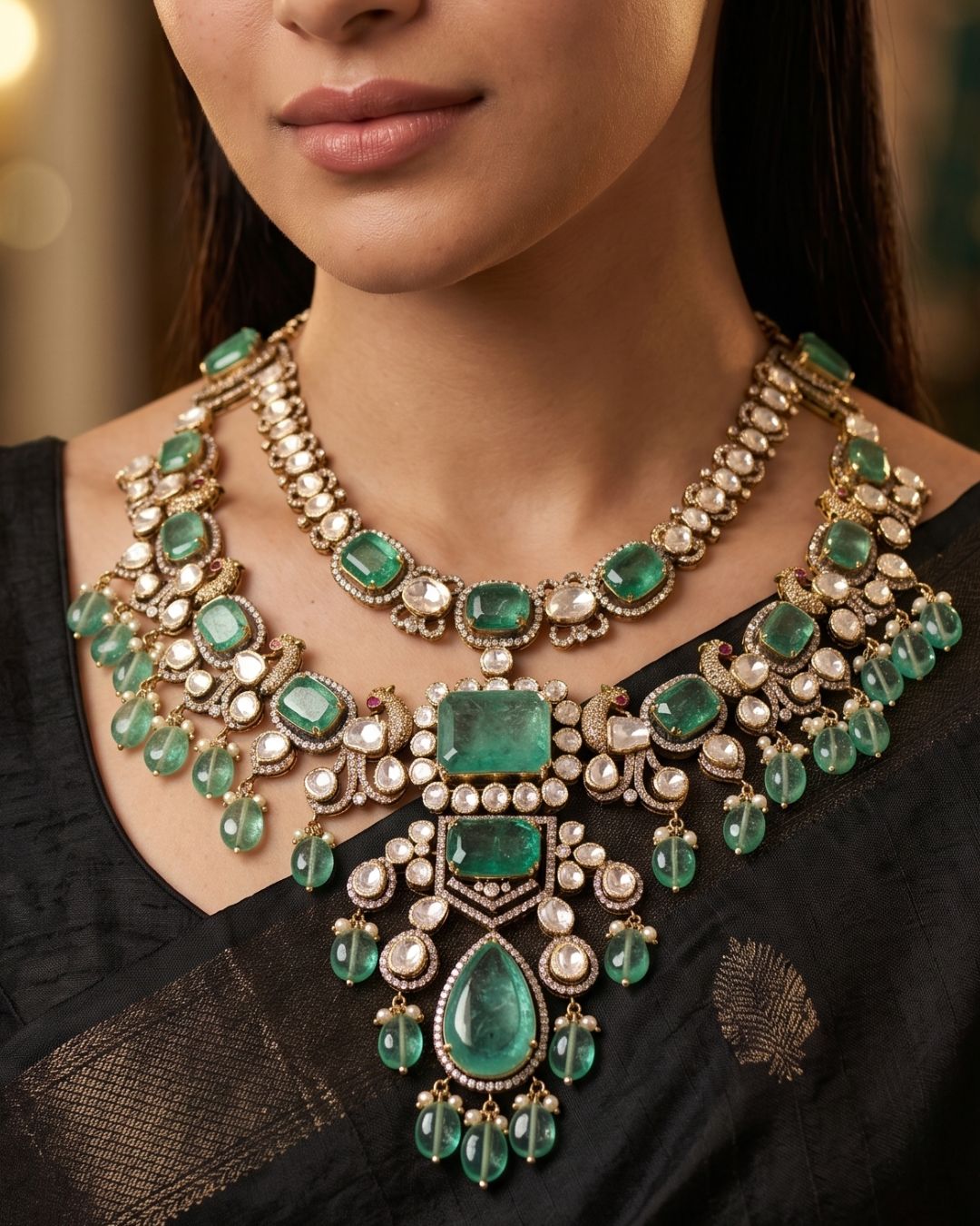 Gallery Royal South Indian temple jewellery necklace with emerald stones and antique gold finish