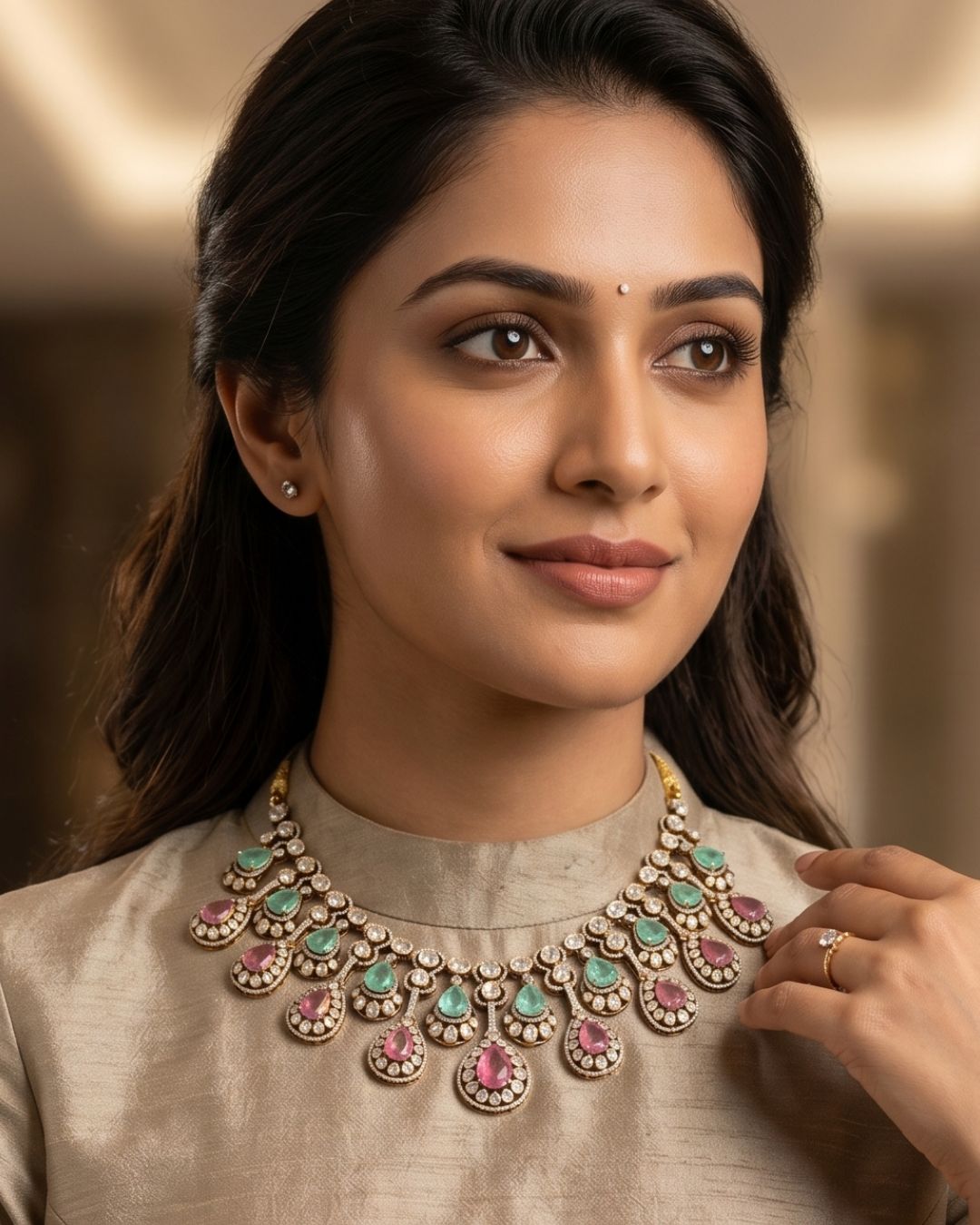 Gallery Premium pastel stone choker necklace in antique gold finish for bridal and festive wear