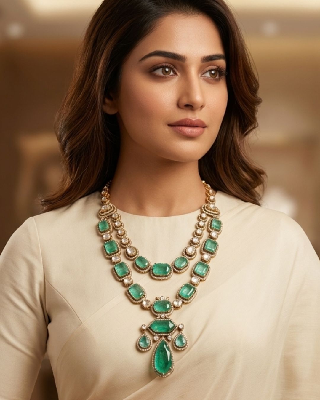 Gallery Layered emerald bead necklace with gold pendant for bridal and festive wear