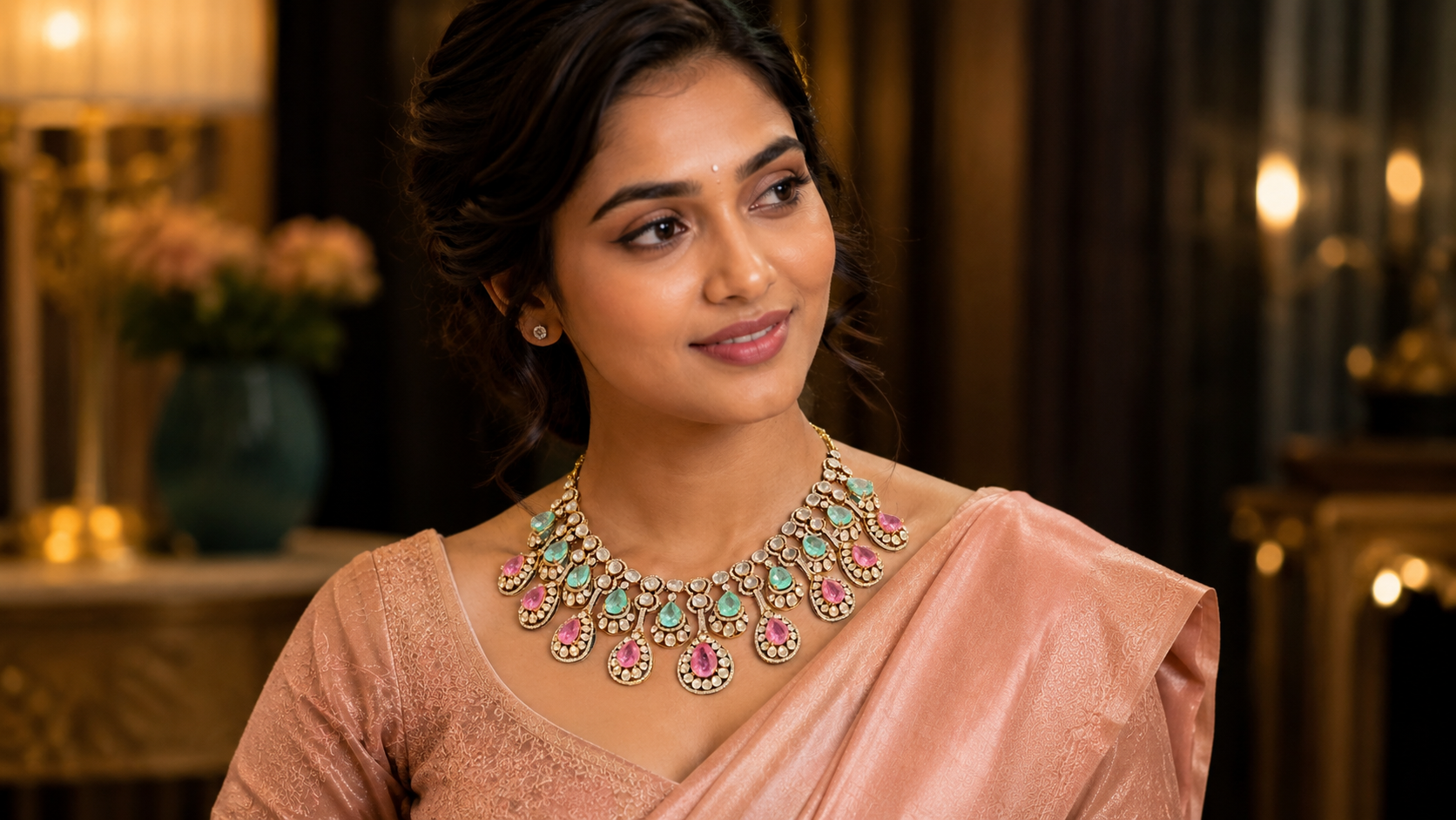 South Indian woman wearing premium multi-color gemstone diamond necklace with pink silk saree by Jeevaji Gold Jewellery showroom in Narsapuram Andhra Pradesh