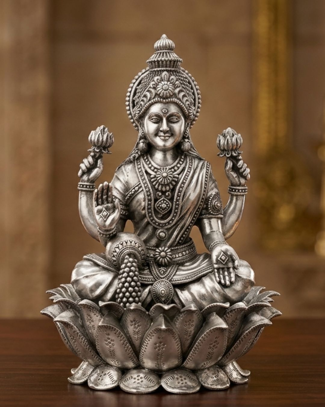 Gallery Traditional silver Goddess Lakshmi idol for pooja room, Diwali gifting, and spiritual decor