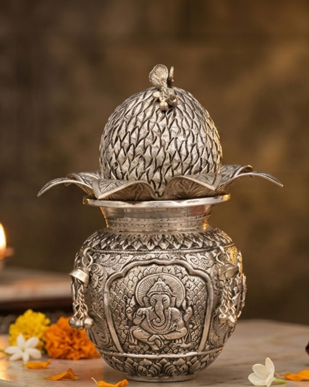 Gallery Decorative silver kumkum bharani container with traditional Indian handcrafted design