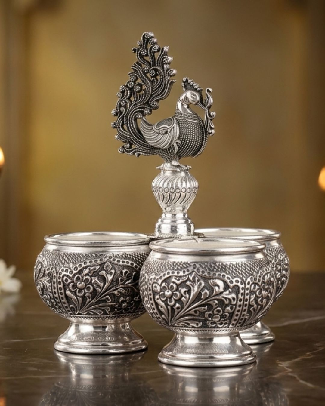 Gallery Premium handcrafted silver pooja bowl set for traditional Hindu rituals and ceremonies