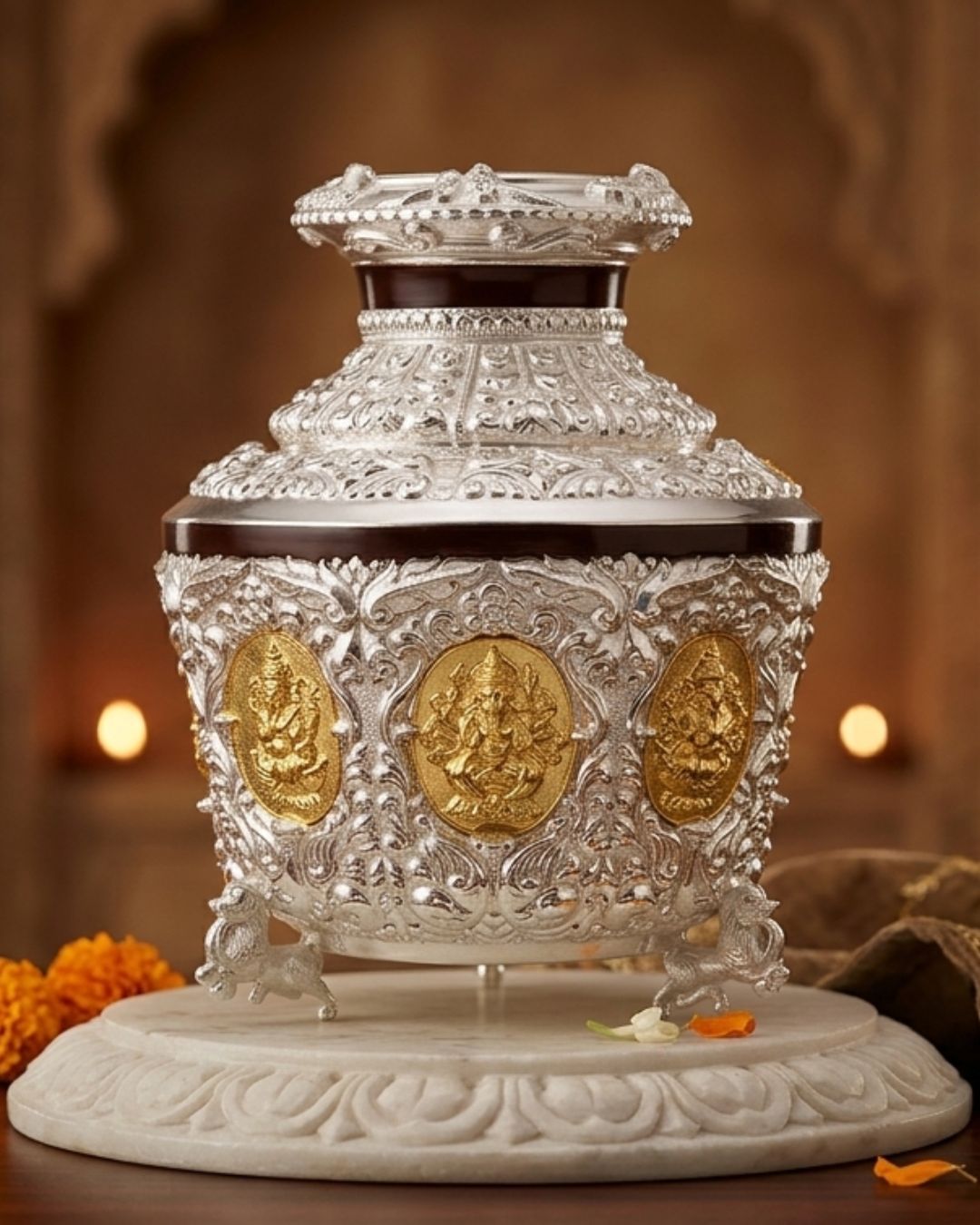 Gallery Traditional handcrafted silver pooja kalash with gold detailing for spiritual and festive occasions