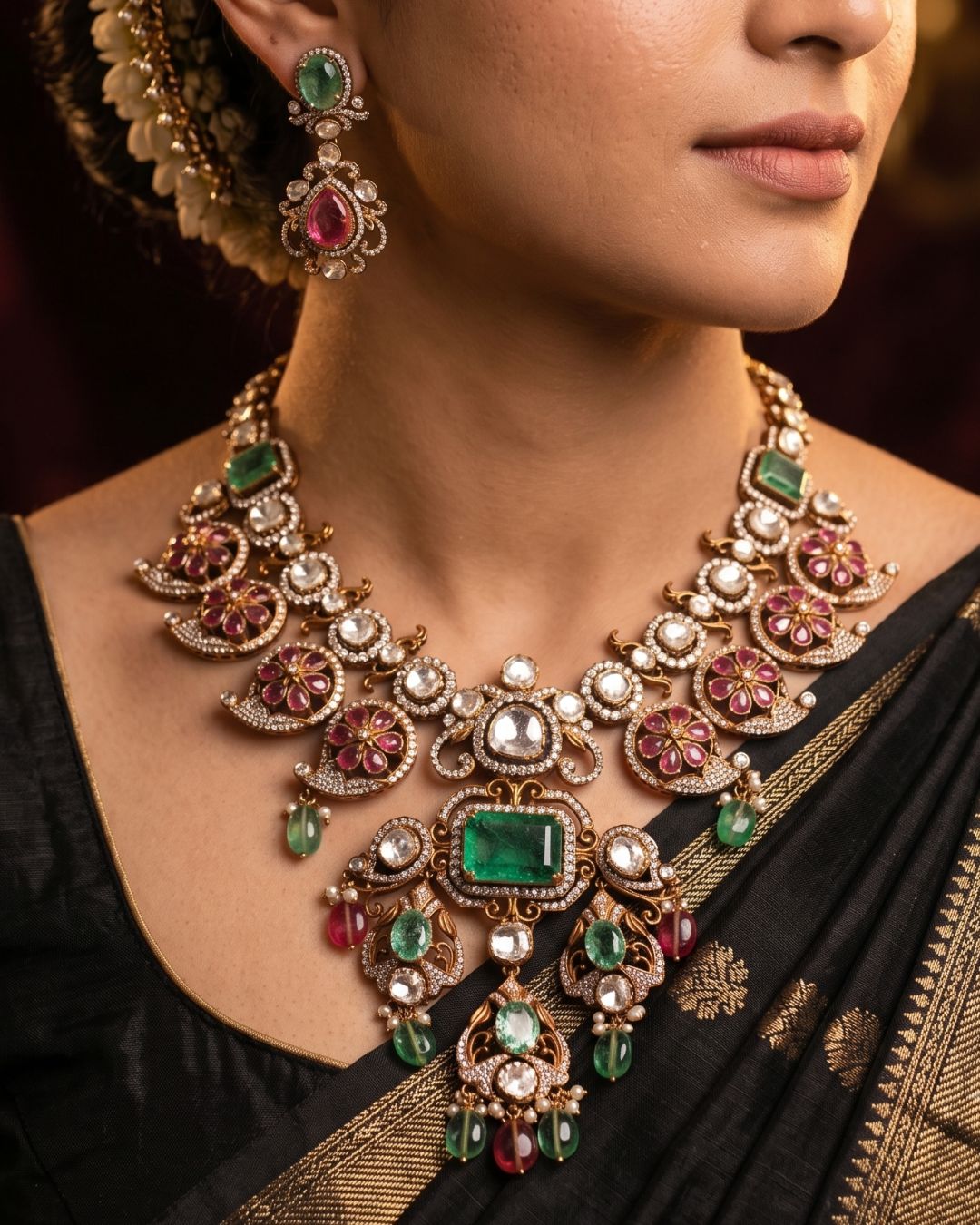 Gallery Heavy antique gold bridal necklace with emerald stones and traditional South Indian temple jewellery design